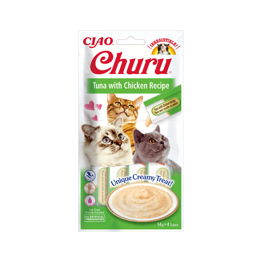 4 saquetas x 14 g Churu Snack Cremoso de Atum e Frango para gatos, , large Imagem n&uacute;mero 1